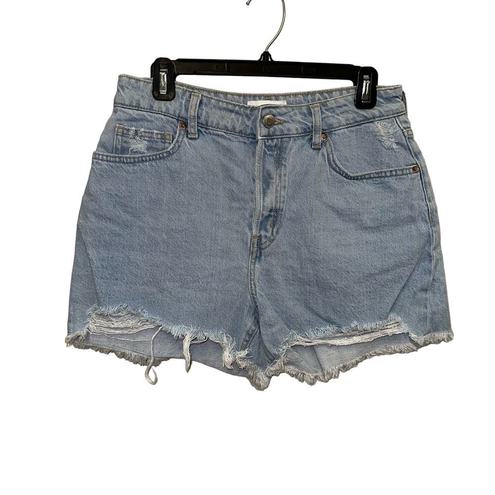 H&M Distressed Denim Shorts High Waist Button Fly Light‎ Wash Size 8